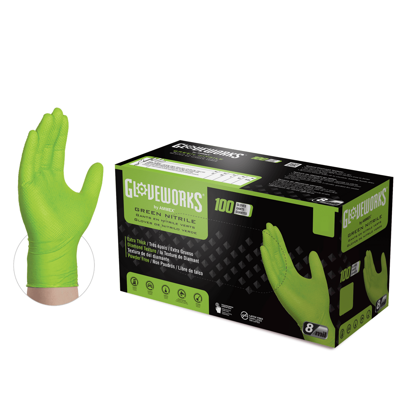 AMMEX Gloveworks HD Green Nitrile Powder Free Industrial 8MIL Disposable Gloves Case of 1000