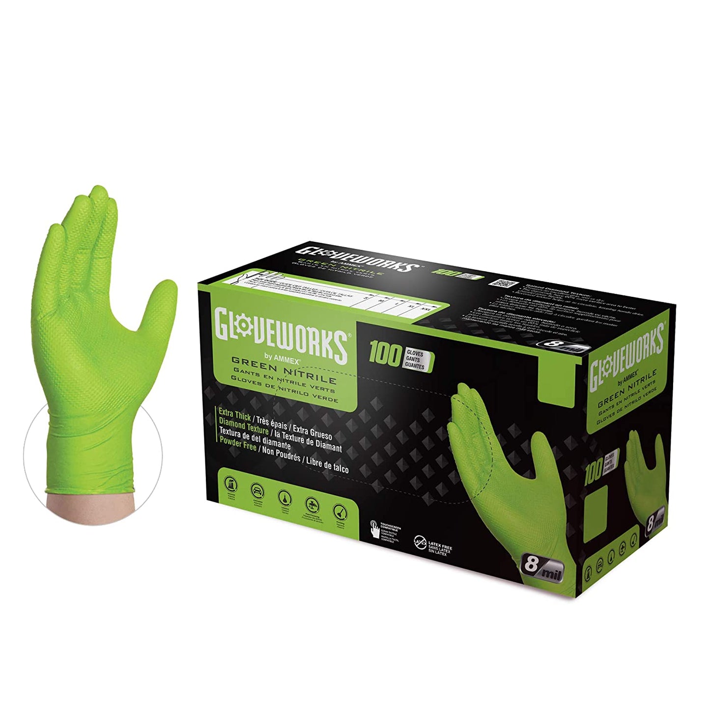 AMMEX Gloveworks HD Green Nitrile Powder Free Industrial 8MIL Disposable Gloves Case of 1000